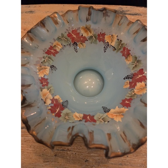 6" Fenton Charleston Opaque Blue Overlay Leaves & Grapes Ruffled Edged Glass... - Picture 2 of 6